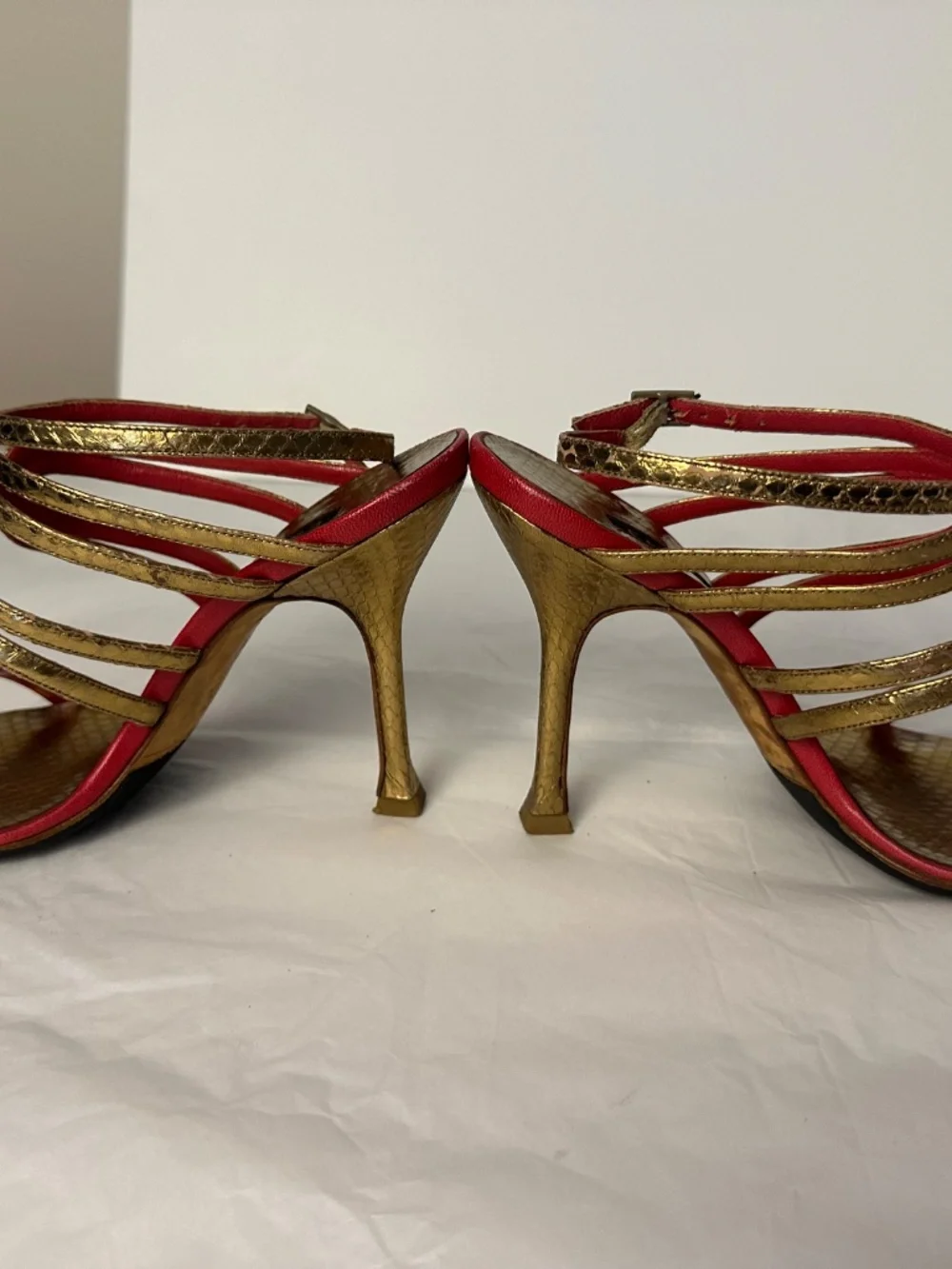 ESCADA gold snake print heels with red accents. Size 36.5